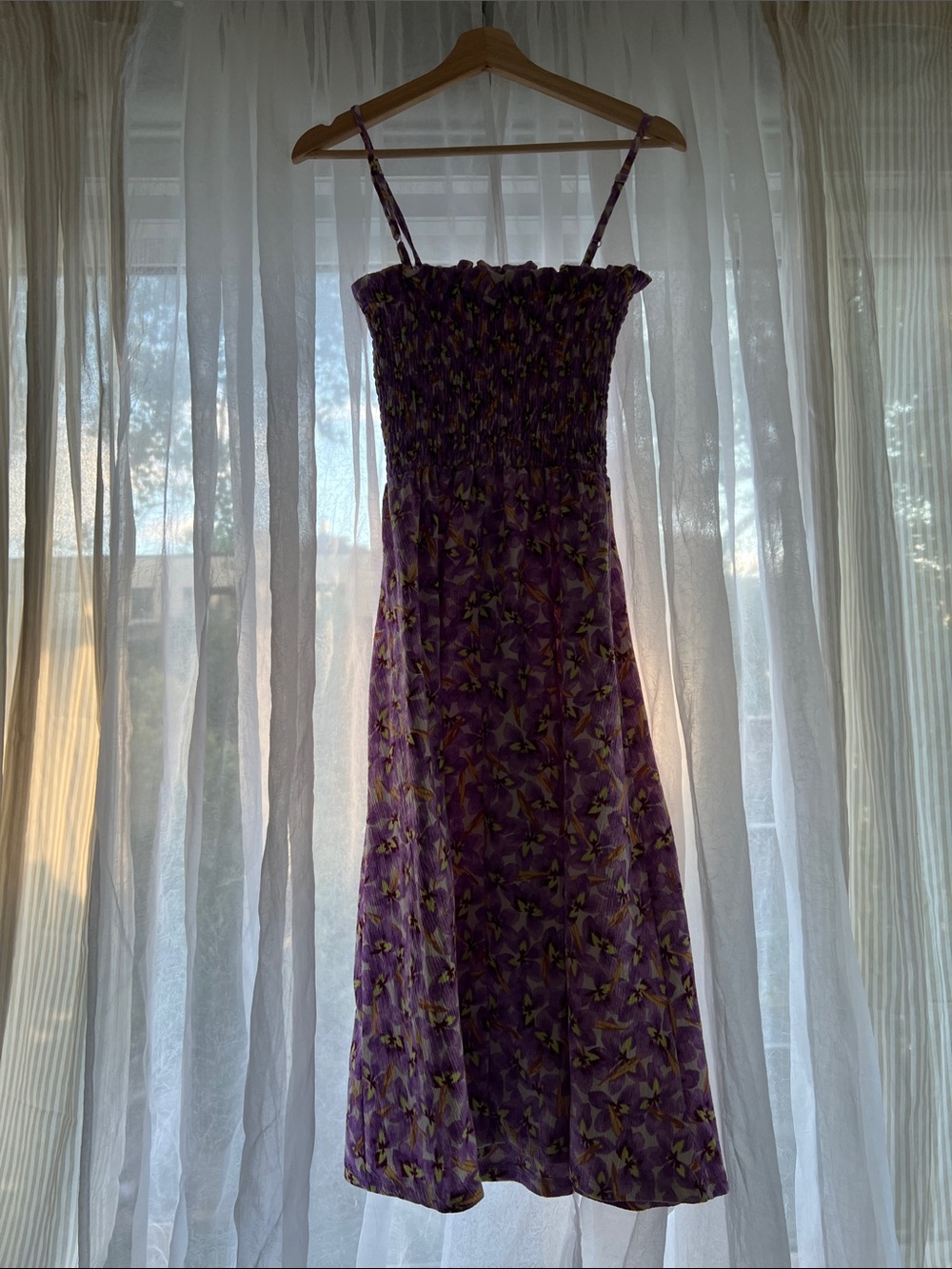 H&M Purple Floral Smocked Midi Dress with Spaghetti Straps